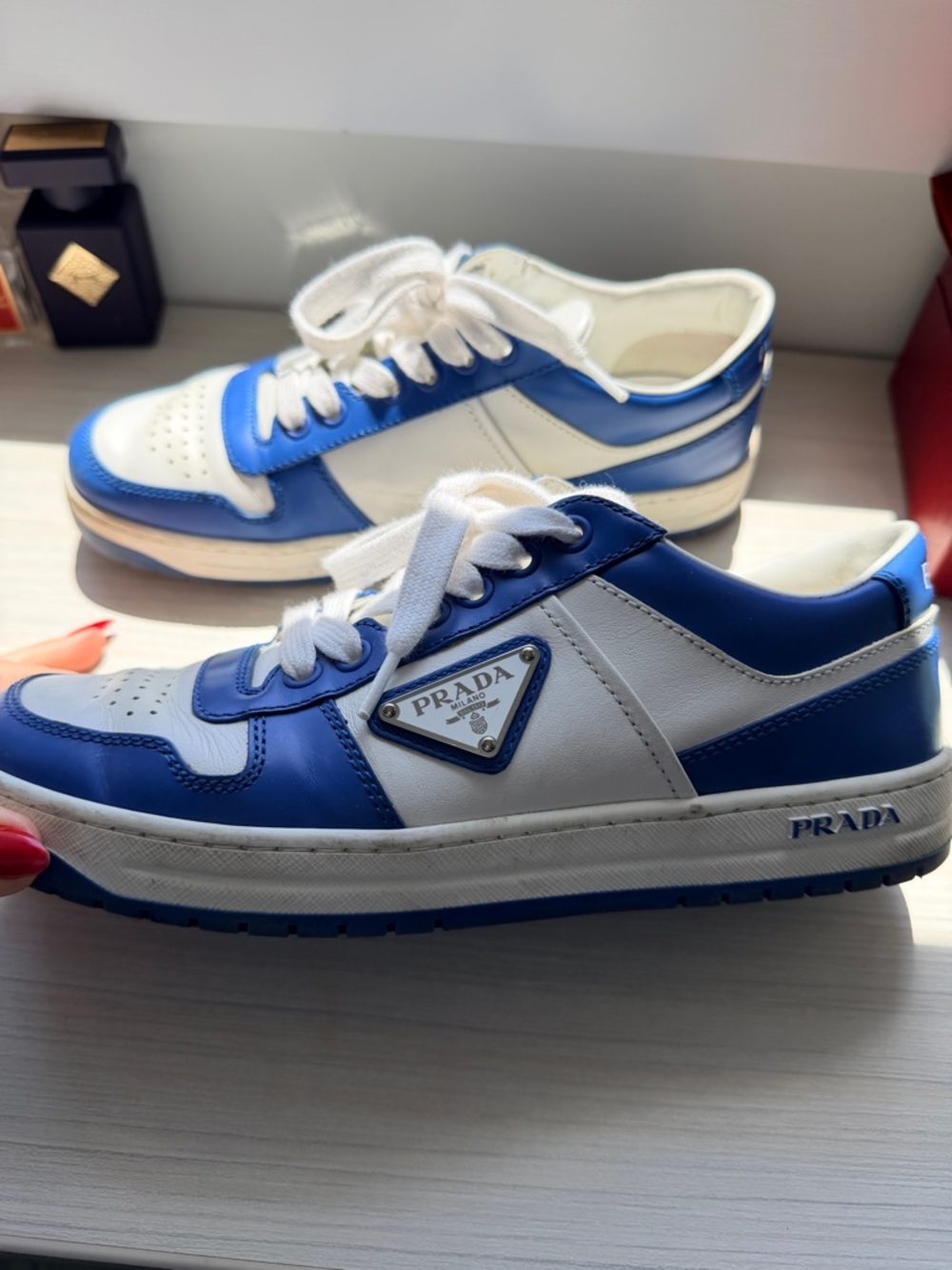 Prada Women’s White and Blue Leather Sneakers with Logo Plaque - Picture 2 of 4